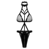 Porn PU Leather Erotic Open Crotch Bodysuit Zipper Open Crotch Bandage Breast Latex Women Sexy Lingerie