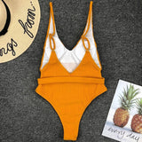 V Neck Ribbed High Leg Cut Women Swimwear One Piece Swimsuit Female Backless Monokini Bather Waist Belt Bathing Suit Swimwear