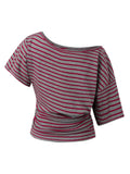 Women Elegant Summer Off One Shoulder Tops Striped Short Sleeve Loose Fit Basic T Shirts for Daily Wear