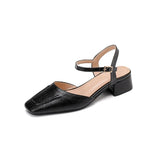 Plus Size 34-41 Women's Sheepskin Narrow Band T-strap Square Toe Summer Sandals 3.5cm Thick Low Heel Elegant Ladies Dress Shoes