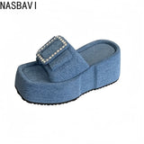 Women Punk Lazy Platform Sandals Buckle Design Garden Shoes Roman Street Slippers Flip Flops Denim Blue Outdoor Beach Shoes
