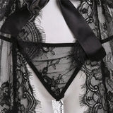 Women Sexy Lingerie Erotic Transparent V-Neck Nightwear Babydoll Robe G-string Costume Kimono Robe Lace Sleepwear Dress