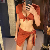 XS - L Ribbed Halter Bikini Women Swimwear Female Swimsuit Four-pieces Bikini set With Sarong Bather Bathing Suit Swim V3152B