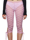 Women Lace Capri Leggings Flower See Through Low Rise Knee Length Tight Shorts with 3D Bows