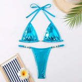 PU Leather Pearls Bikini Mini Micro Thong Bikinis Women Swimwear Female Swimsuit Two-piece Bikini Set Halter Bathing Suit Swim