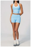 Naked Color Contrast Yoga Sets Women Hanging Neck Sports Vest Gym Clothes Breathable High Waist Shorts Fitness Suits Tracksuit