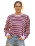 Spring Autumn Casual Loose Tops for Women Long Sleeve Round Neck Loose Fit Striped Print T-shirts