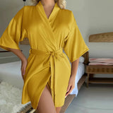 New Silk Kimono Robe Bathrobe Women Silk Bridesmaid Robes Sexy Navy Blue Robes Satin Robe Ladies Dressing Gowns
