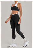 2 Pieces Color-block Yoga Sets Women  Hanging Neck Sports Bra High Waist Pants Built-in Pockets Outdoor Fitness Workout Suit