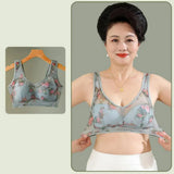 Women Bra Mesh Thin Floral Print Mid-aged Wide Shoulder Strap Wireless Anti-snagging Push Up Seamless Mother Bra