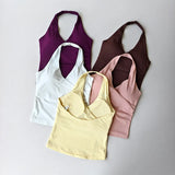 Sexy V-neck Cross Halter Neck Yoga Vest Sleeveless Sports Bra with Chest Pad Naked Sense Fitness Top with Beauty Back Design for