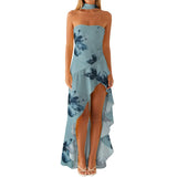 Women Summer Casual Tube Dress Fashion Solid Color/Floral Print High Low Ruffles Long Dresses with Scarf