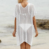 Short Sleeve V Neck Hollow Out Crochet Knitted Tunic Beach Dress Beach Wear Beachwear Beach Cover Up Cover-upsFemale Women V8061