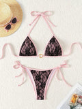 Embroidery Mesh Lace Halter High Cut Bikini Female Swimsuit Women Swimwear Two-pieces Bikini Set Bather Bathing Suit Swim Beach