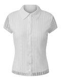 Women White Lace Shirts Solid Color Lapel V Neck Short Sleeve Slim Fit Tops and Blouses Summer Elegant