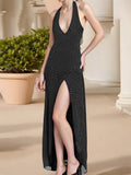 Women Sleeveless Long Dress Halterneck Backless Dots/Floral Slit Dress for Cocktail Party