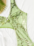 sexy glitter green sanke print one shoulder swimsuits one piece hollow out bikini swimwear bodysuits women biquini bathing suits
