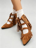 Women's Vintage Fringe Summer Ankle Boots Bohemian Buckle Straps Pointed Toe Ethnic Tassel Hollow Out Western Cowgirls Shoes