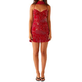 Women's Summer Sequined Flower Embroidery Beaded Bodycon Mini Dress Sleeveless Spaghetti Strap V Neck Night Out Dress with Scarf