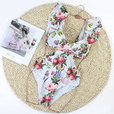 New Sexy One Piece Swimsuit Swimwear Women Flowers Fruits Print V-neck Big Ruffle Backless Bowknot Hollow Beachwear Bathing Suit