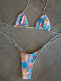 DEKA Tie Dye Bikini Set Pearl Swimsuit Women Pleated Triangle Lace Up Thong Micro Bikini Summer New Sexy Ladies Bathing Suit