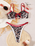 Contrast Color Leopard Swimsuit for Women Sexy Push Up Thong Bathing Suit Beachwear Underwire Low Waist Swimwear String Bikinis