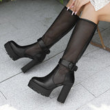 Plus Size Mesh Fabric Splicing PU High Socks Boots Ankle Buckle Ultra Thick Heel Back Zipper Breathable Summer Knee High Boots