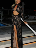 Summer Maxi Dress Women Sexy Sheer Lace Hollow Out Long Sleeve Floral Split Slim Bodycon Solid Casual Beach Party Club Vestidos