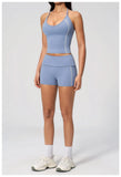 2PCS Women Yoga Sets Color Contrast Hanging Neck V Neck Slimming Sports Tank Top Flip High Waist Shorts Gym Running Fitness Suit