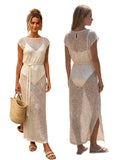 Women's Solid Color Knit Sheer Dress Summer Swim Cover Up Cap Sleeve Round Neck Sequin Dresses for Beach