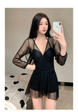 Swimsuit Women's Summer New One-piece Skirt Style Slimming Lace Long Sleeved Small Chest Steel Support Hot Spring Swimsuit