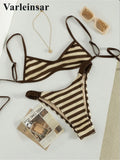 Striped Crochet Knitted Bikini Female Swimsuit Women Swimwear Two-Pieces Bikini Set High Leg Cut Bather Bathing Suit Swim V8225