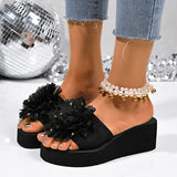 Fashion Flower Design Wedge Slippers Women Summer Sequins Black Platform Slides Female Stylish Anti-Slip High Heel Sandals Mujer