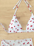 With Mesh Skirt Cherry Printed Bikini Female Swimsuit Women Swimwear Three Pieces Bikini Set Halter Bathing Suit Swim Beachwear