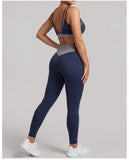 Summer Color-block Yoga Sets Women Thin Strap Open Back Shockproof Sports Bra Tight High Waist Leggings Training Fitness Suits