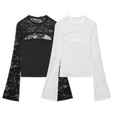Women's Fashion Casual Lace Patchwork Hollow Bell Sleeve Blouse Women Pack Lace Sleeve Tops Black White Sheer Mesh Casual DOS5