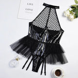 PU Latex Leather Open Crotch Bodysuit for Women Sexy Underwear Lingerie Set Erotic Mesh See Through Costumes
