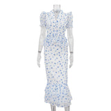 FDYOUI V-neck Short Sleeve Single Breasted Ruffles Blouse Tops+Mermaid Skirts Suits Elegant Floral Print Midi Dress 2 Piece Set