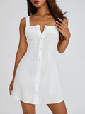 Women Solid Color Square Collar Short Dresses Sleeveless Buttons Off Shoulder Casual Party Summer Spring Dress