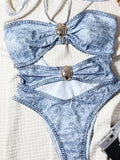 DEKA Women Hellow Denim Swimwear Printed Halter Cut Out One Piece Swimsuit Female High Cut Leg Padded Bather Bathing Suit Swim