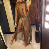 3 Colors Sexy Glitter Mesh Sheer See Through Tunic Beach Cover Up Cover-ups Beach Dress Beach Wear Beachwear Female Women V3217
