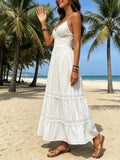 Women Summer Long Cami Dress French Style Lace Trim Back Tie Bow Spaghetti Strap A-line Tiered Dresses for Daily Vacation Travel
