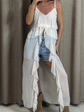 Summer Women Irregular Long Camisole Top Casual Ruffles Split V-Neck Spaghetti Straps Tank Tops Sleeveless Shirts