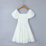 Puff Sleeve Cotton White Lace Dress Women Summer 2025 Square Collar Vintage Beach Short Dress Petite Flower Embriodery  Dress