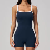 Tight Fitting One-piece Yoga Suit Women Color Bloack Square Collar Hollow Out Backless Butt-Lifting Gym Sports Short Jumpsuit