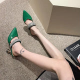American pointed rhinestone high-heeled slippers women slim heels with toe caps, empty fashion sandals,