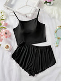 Women Solid Color Pajamas Set Comfortable Suspender Top and Slit Lettuce Trim Shorts Sets Casual Sleepwear & Loungewear