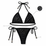 Women Bikini Set 2pcs Black Halter Triangle Swimsuit, Tie Side V Shape Bottom, Solid Color Beach Vacation Swimwear
