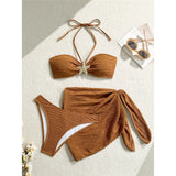 3PCS With Sarong Metal Star Halter Bikini Female Swimsuit Women Swimwear Three-Pieces Bikini Set Bather Bathing Suit Swim V7042