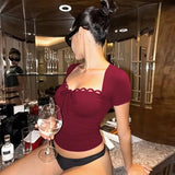 FDYOUI Women's Fashion Lace Patchwork T-shirt Streetwear Ladies Sexy Short Sleeve Bandage Tops Tees Y2K Slim Corset T Shirts